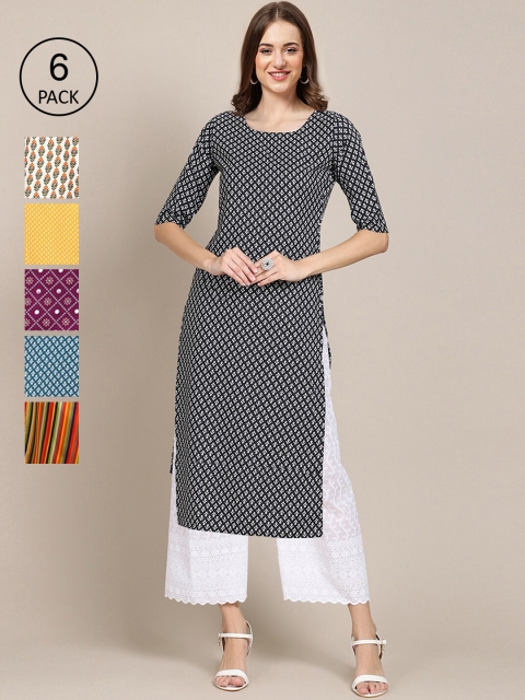 

7Threads Women Pack Of 6 Multicoloured Geometric Printed Crepe Kurta, Multi