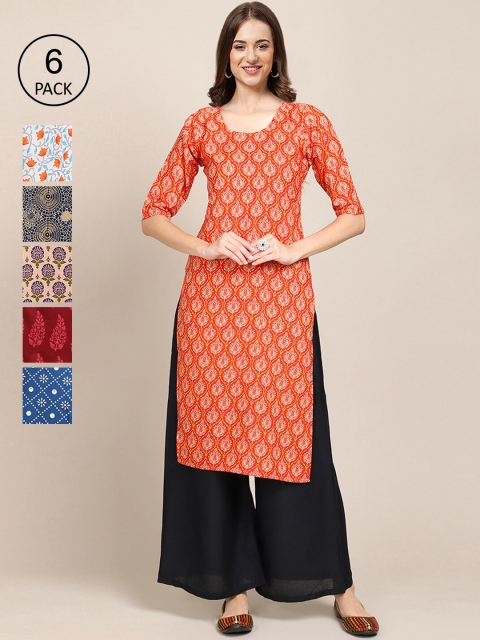

7Threads Women Pack Of 6 Multicoloured Geometric Printed Crepe Kurta, Multi