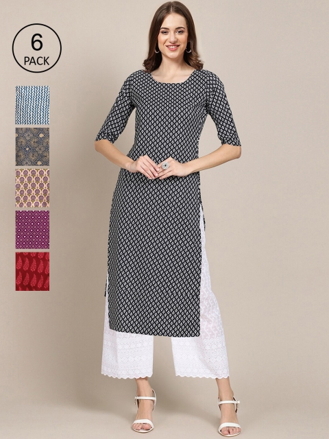 

7Threads Women Pack Of 6 Multicoloured Geometric Printed Crepe Kurta, Multi
