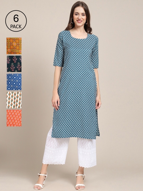 

7Threads Women Pack Of 6 Multicoloured Geometric Printed Crepe Kurta, Multi