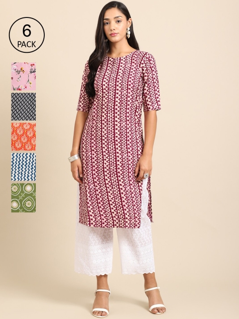 

7Threads Women Pack Of 6 Multicoloured Geometric Printed Crepe Kurta, Multi