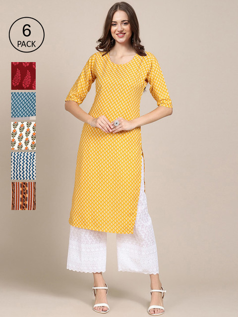 

7Threads Pack of 6 Women Multicoloured & Yellow Geometric Printed Crepe Kurta, Multi