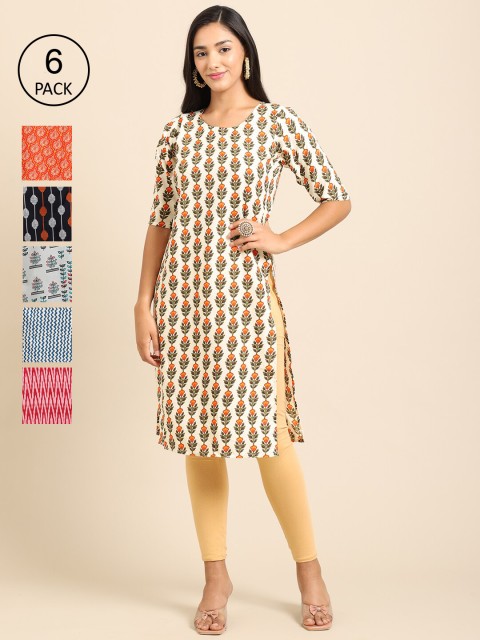 

7Threads Pack of 6 Women Multicoloured & Orange Floral Printed Crepe Kurta, Multi