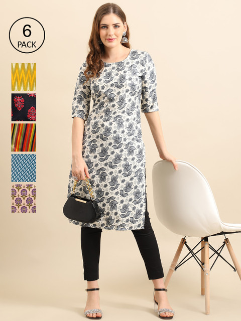 

7Threads Pack of 6 Women Multicoloured & Yellow Floral Printed Crepe Kurta, Multi