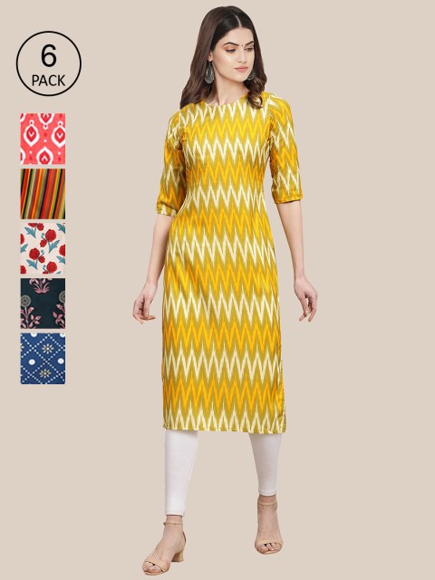 

7Threads Pack of 6 Women Multicoloured & Yellow Floral Printed Crepe Kurta, Multi