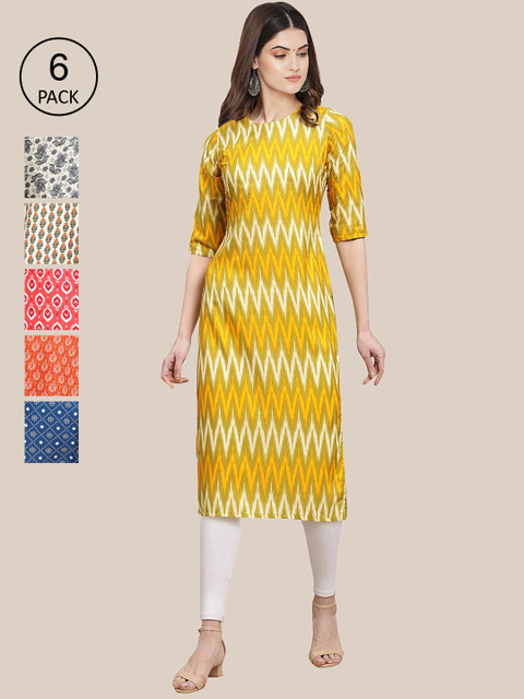 

7Threads Pack of 6 Women Multicoloured & Orange Ethnic Motifs Printed Crepe Kurta, Multi