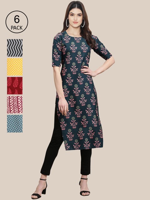 

7Threads Pack of 6 Women Multicoloured & Yellow Floral Printed Crepe Kurta, Multi