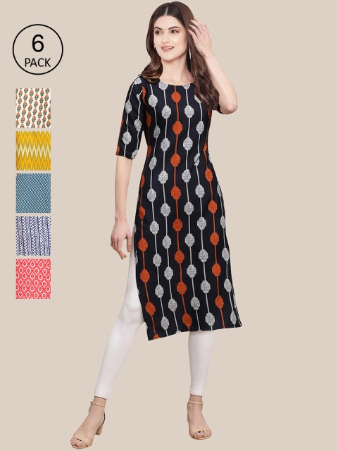 

7Threads Pack of 6 Women Multicoloured & Yellow Ethnic Motifs Printed Crepe Kurta, Multi