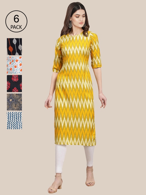 

7Threads Pack of 6 Women Multicoloured & Yellow Floral Printed Crepe Kurta, Multi