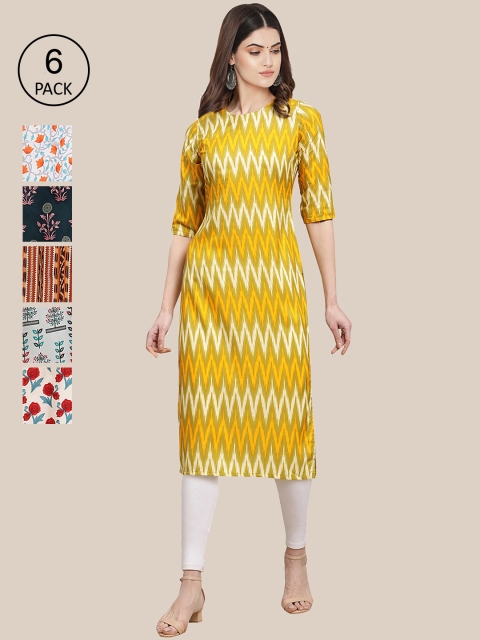 

7Threads Pack of 6 Women Multicoloured & Yellow Floral Printed Crepe Kurta, Multi