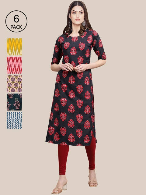 

7Threads Pack of 6 Women Multicoloured & Yellow Floral Printed Crepe Kurta, Multi