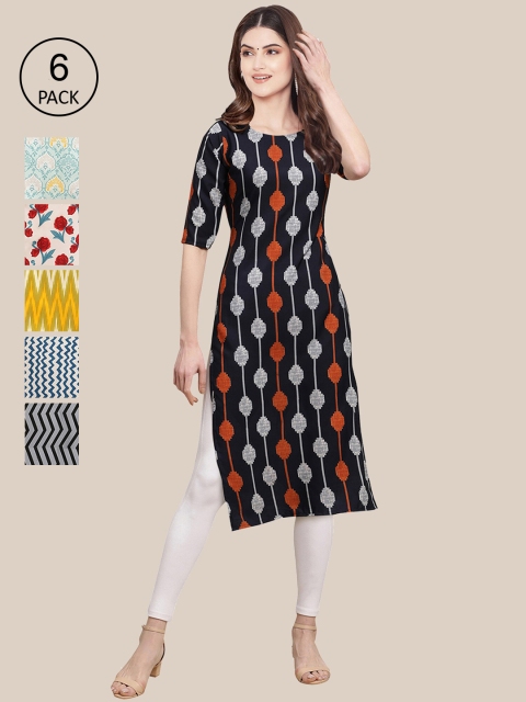 

7Threads Pack of 6 Women Multicoloured & Yellow Floral Printed Crepe Kurta, Multi