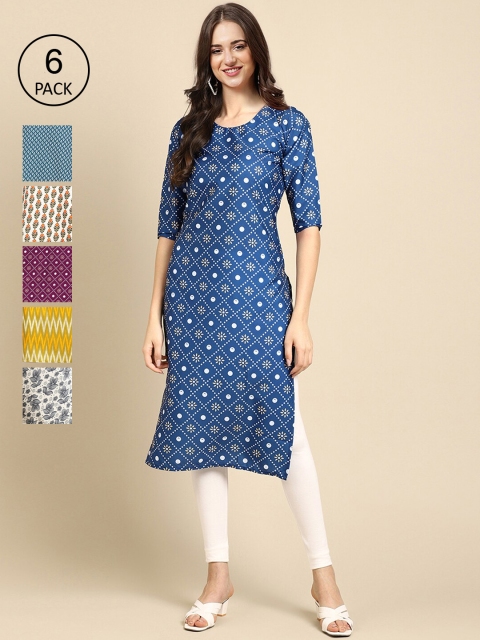 

7Threads Pack of 6 Women Multicoloured & Yellow Ethnic Motifs Printed Crepe Kurta, Multi