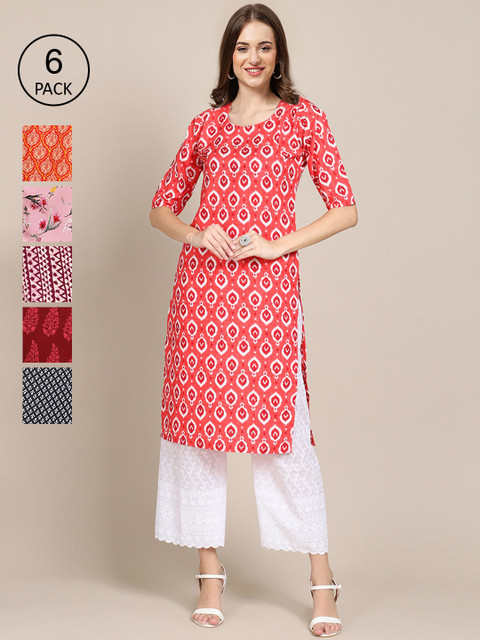 

7Threads Pack of 6 Women Multicoloured & Orange Floral Printed Crepe Kurta, Multi