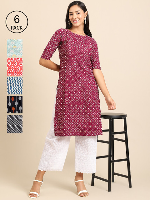 

7Threads Pack of 6 Women Multicoloured & Black Ethnic Motifs Printed Crepe Kurta, Multi