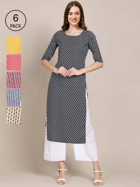 

7Threads Pack of 6 Women Multicoloured & Yellow Floral Printed Crepe Kurta, Multi