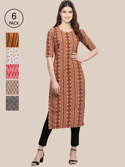

7Threads Pack of 6 Women Multicoloured & Brown Geometric Printed Crepe Kurta, Multi
