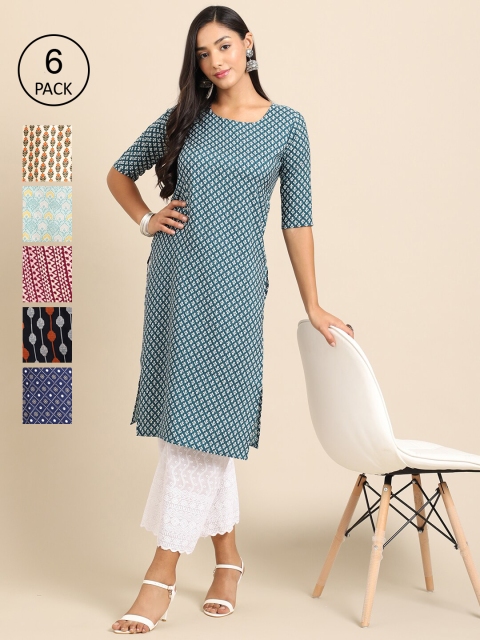 

7Threads Pack of 6 Women Multicoloured & Black Ethnic Motifs Printed Crepe Kurta, Multi