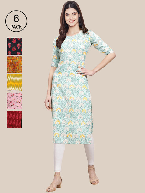 

7Threads Pack of 6 Women Multicoloured & Yellow Floral Printed Crepe Kurta, Multi