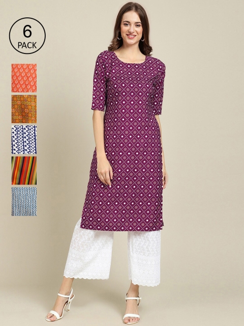 

7Threads Pack of 6 Women Multicoloured & Orange Ethnic Motifs Printed Crepe Kurta, Multi