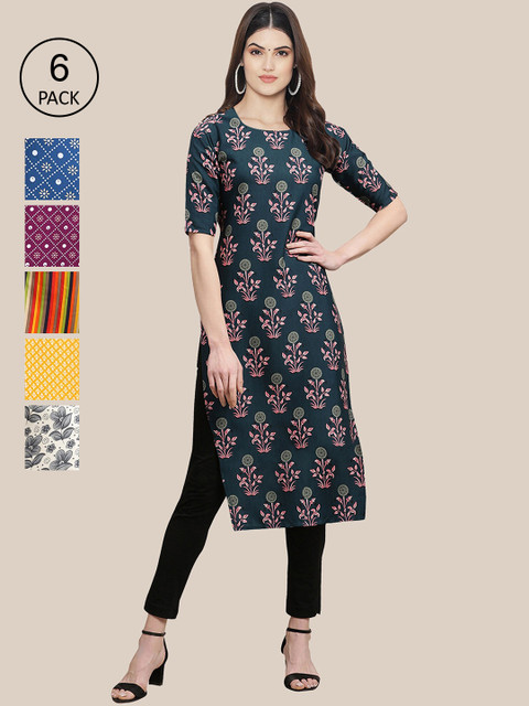

7Threads Pack of 6 Women Multicoloured & Yellow Floral Printed Crepe Kurta, Multi