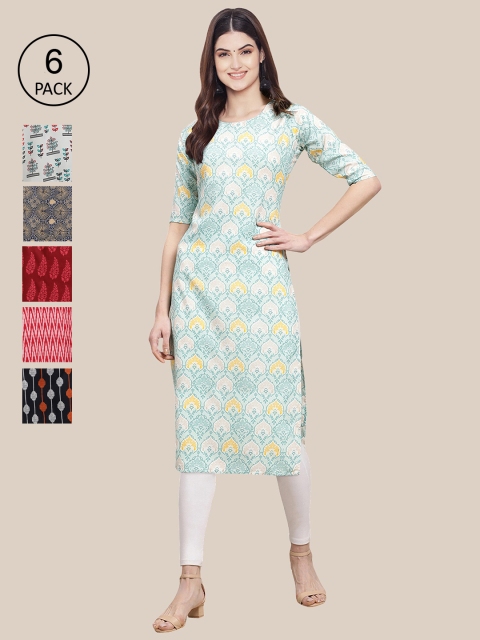

7Threads Pack of 6 Women Multicoloured & Blue Ethnic Motifs Printed Crepe Kurta, Multi