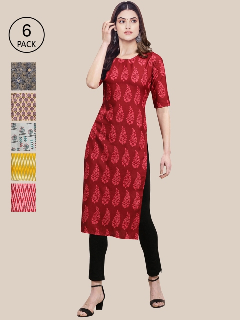 

7Threads Pack of 6 Women Multicoloured & Yellow Floral Printed Crepe Kurta, Multi
