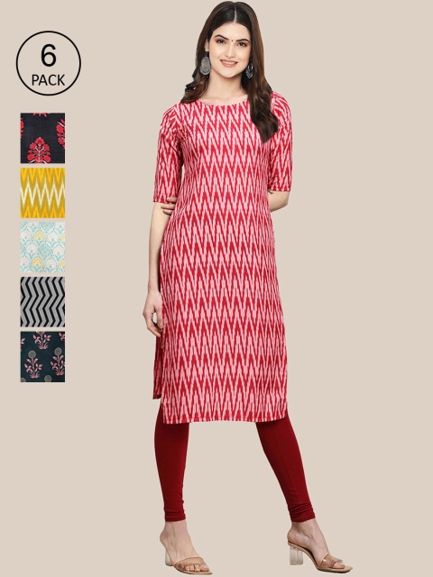 

7Threads Pack of 6 Women Multicoloured & Yellow Floral Printed Crepe Kurta, Multi