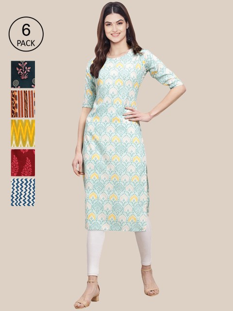 

7Threads Pack of 6 Women Multicoloured & Yellow Floral Printed Crepe Kurta, Multi