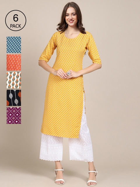 

7Threads Pack of 6 Women Multicoloured & Yellow Ethnic Motifs Printed Crepe Kurta, Multi