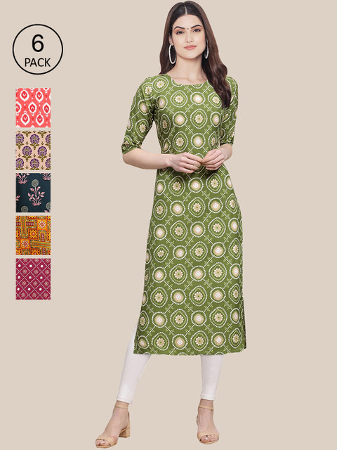 

7Threads Pack of 6 Women Multicoloured & Green Ethnic Motifs Printed Crepe Kurta, Multi