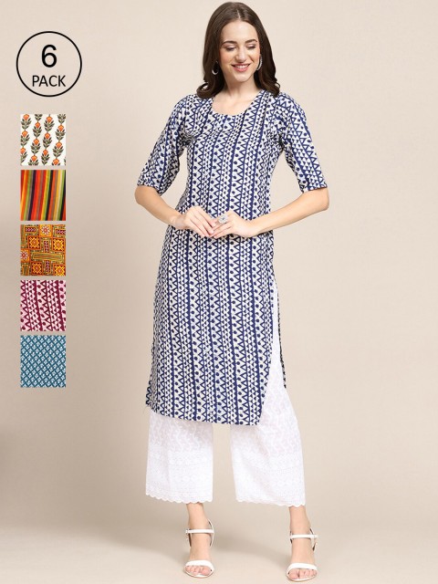

7Threads Pack of 6 Women Multicoloured & Maroon Floral Printed Crepe Kurta, Multi