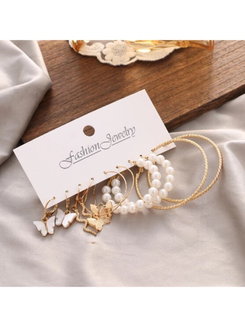 

ANNA CREATIONS 5 Gold-Toned & White Contemporary Hoop Earrings