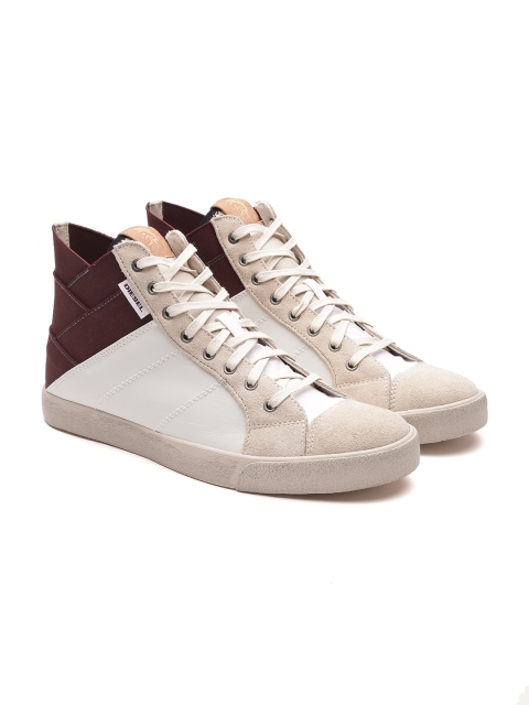 

DIESEL Men Off-White Colourblocked Leather Mid-Top Sneakers