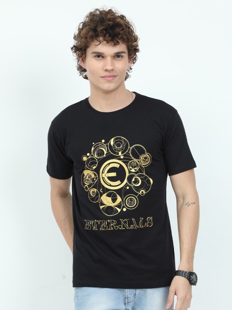 

COOFT Men Black & Gold-Toned Printed Marvel Pure Cotton T-shirt