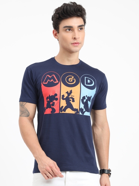 

COOFT Men Blue Mickey Mouse Printed Pure Cotton Applique T-shirt