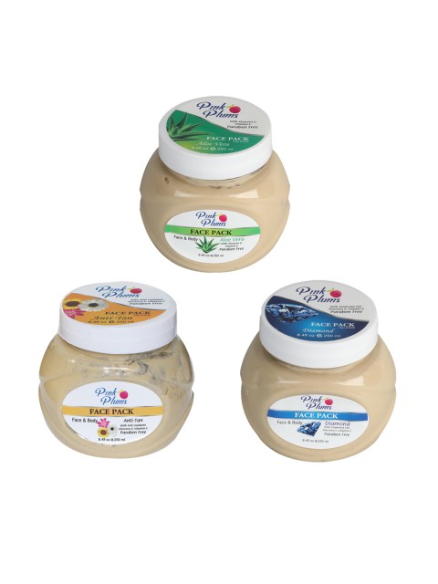 

Pink Plums Set Of 3 Paraben Free Aloevera Diamond Anti-tan Face & Body Face Pack-250 Ml Each, Multi