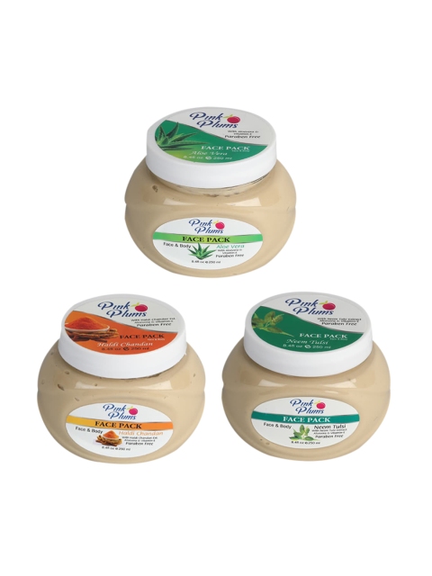 

Pink Plums Set Of 3 Paraben Free Aloevera Haldi & Chandan Neem Tulsi Face & Body Face Pack-250 Ml Each, Multi