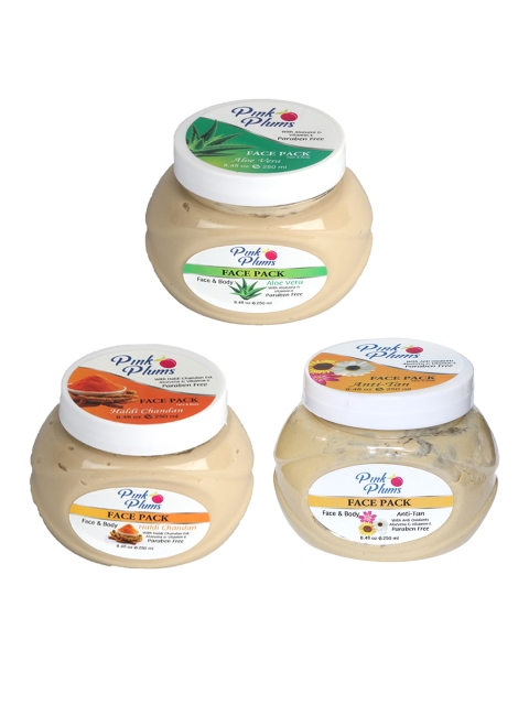 

Pink Plums Set Of 3 Paraben Free Aloevera Haldi & Chandan Anti-tan Face & Body Face Pack-250 Ml Each, Multi