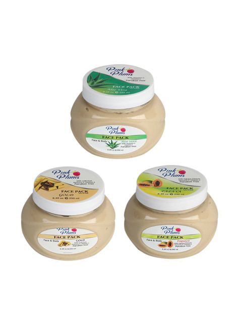 

Pink Plums Set Of 3 Paraben Free Aloevera Gold Papaya Face & Body Face Pack-250 Ml Each, Multi