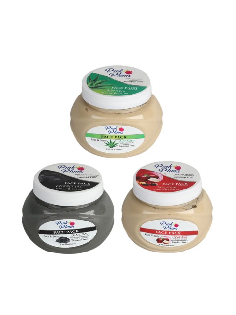 

Pink Plums Set of 3 Aloevera Charcoal Fruit Mix Face & Body Face Pack-250 ml each, Grey