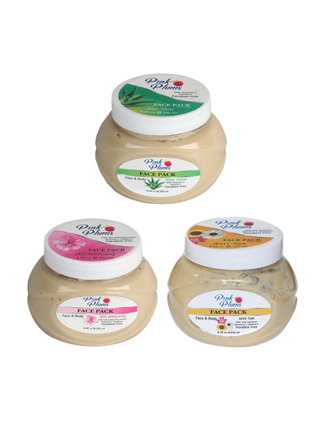 

Pink Plums Set Of 3 Paraben Free Aloevera Skin Whitening Anti-tan Face & Body Pack- 250 ml, Cream
