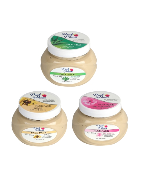 

Pink Plum Set Of 3 Paraben Free Aloevera Gold Skin whitening Face & Body Face Pack - 250ml, Beige