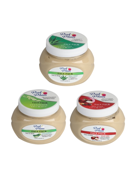 

Pink Plums Set Of 3 Aloevera Cucumber Fruit Mix Face & Body Pack, Cream