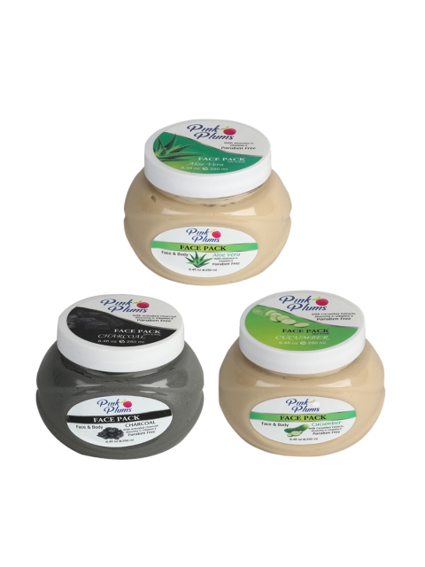 

Pink Plums Set Of 3 Paraben Free Aloevera Charcoal Cucumber Face & Body Face Pack-250 Ml Each, Multi