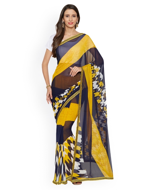 

OOMPH Yellow & Blue Poly Georgette Printed Saree