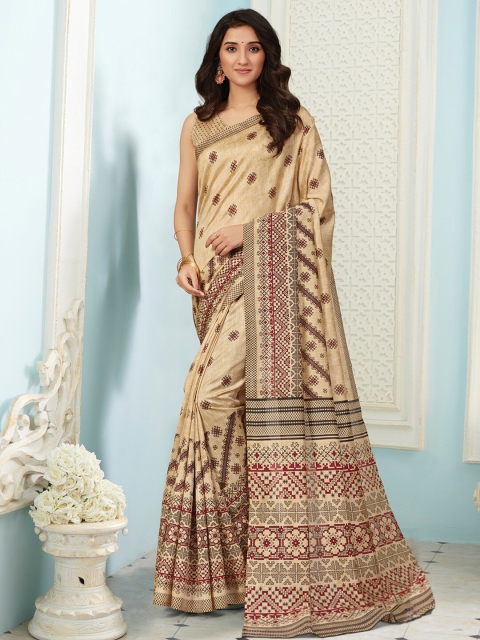 

Mitera Beige & Red Floral Art Silk Bhagalpuri Saree