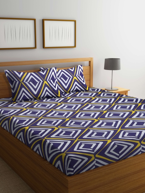 

ROMEE Blue & White Geometric 144 TC Queen Bedsheet with 2 Pillow Covers
