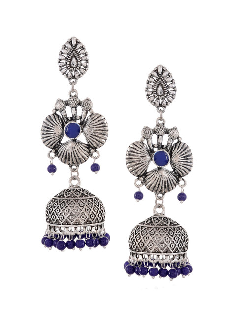 

Silvermerc Designs Silver-Toned & Blue Classic Jhumkas Earrings