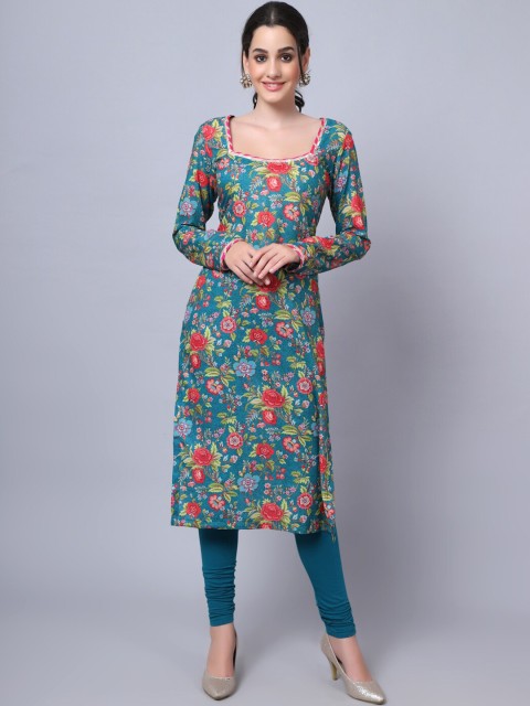 

anokherang Women Teal Floral Printed Floral Kurta